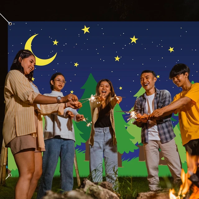 Alt view image 4 of 7 - 6 x 8 ft Enchanted Forest Camping Backdrop Scene Camping Background Supplies Forest Night Scene Photography Background for Theme Party Photo Banner Decoration