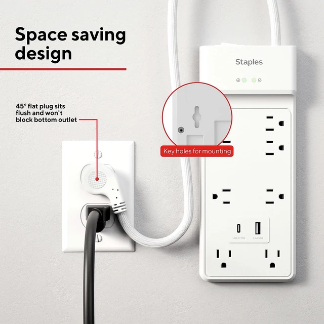 Alt view image 7 of 7 - TECH 8-Outlet Surge Protector, 2 USB Ports, 6 Ft Cord, 2100J Flat offset plug for home and office electronics. White, braided cord