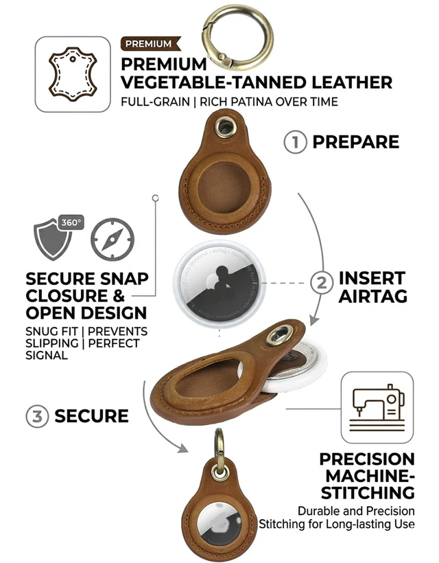 Alt view image 3 of 6 - Genuine Leather Keychain Holder for Apple AirTag, 2 Pack Compatible with AirTag 1st & 2nd Gen; two leather holders attach to keys, bags, luggage or pet collars. AirTag not included