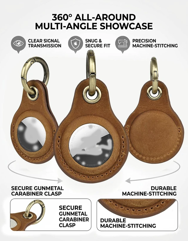 Alt view image 4 of 6 - Genuine Leather Keychain Holder for Apple AirTag, 2 Pack Compatible with AirTag 1st & 2nd Gen; two leather holders attach to keys, bags, luggage or pet collars. AirTag not included