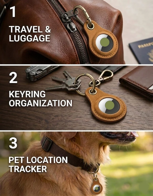 Alt view image 6 of 6 - Genuine Leather Keychain Holder for Apple AirTag, 2 Pack Compatible with AirTag 1st & 2nd Gen; two leather holders attach to keys, bags, luggage or pet collars. AirTag not included