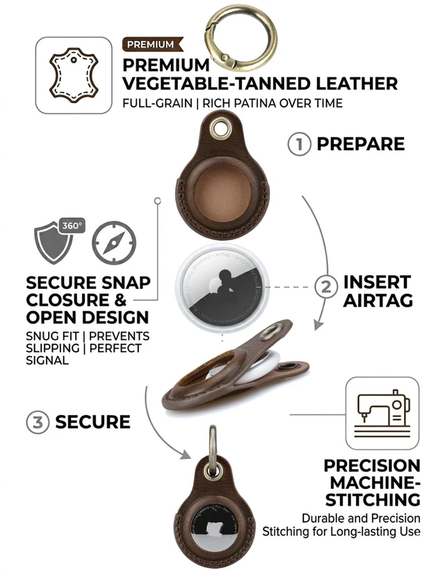 Alt view image 3 of 6 - Genuine Leather Keychain Holder for Apple AirTag, 2 Pack Compatible with AirTag 1st & 2nd Gen; two leather holders attach to keys, bags, luggage or pet collars. AirTag not included