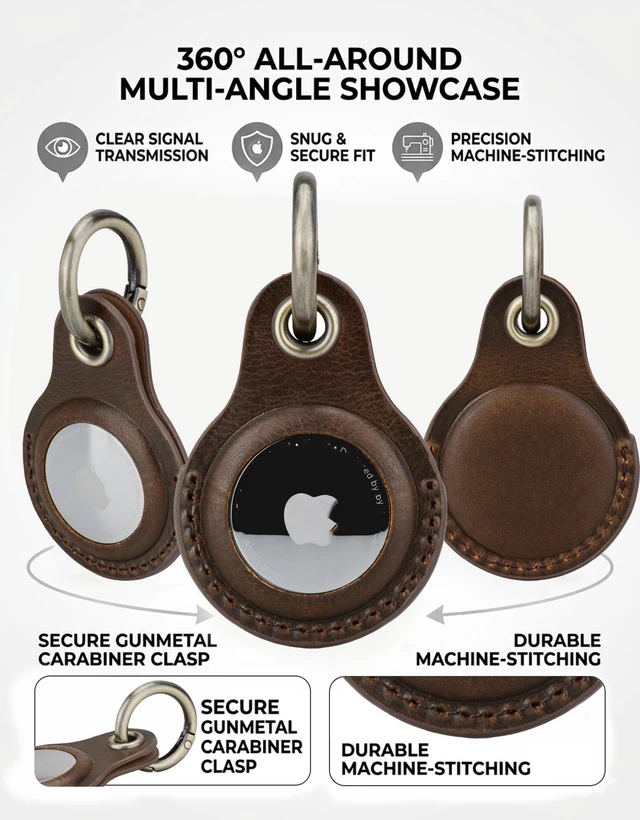 Alt view image 4 of 6 - Genuine Leather Keychain Holder for Apple AirTag, 2 Pack Compatible with AirTag 1st & 2nd Gen; two leather holders attach to keys, bags, luggage or pet collars. AirTag not included