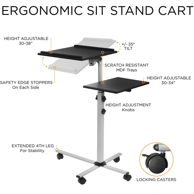 Alt view image 5 of 7 - Projector Stand Mobile Projector Cart with Laptop Shelf on Wheels, Heavy Duty Two Shelves Height Adjustable Laptop and Projector Presentation Trolley in Black