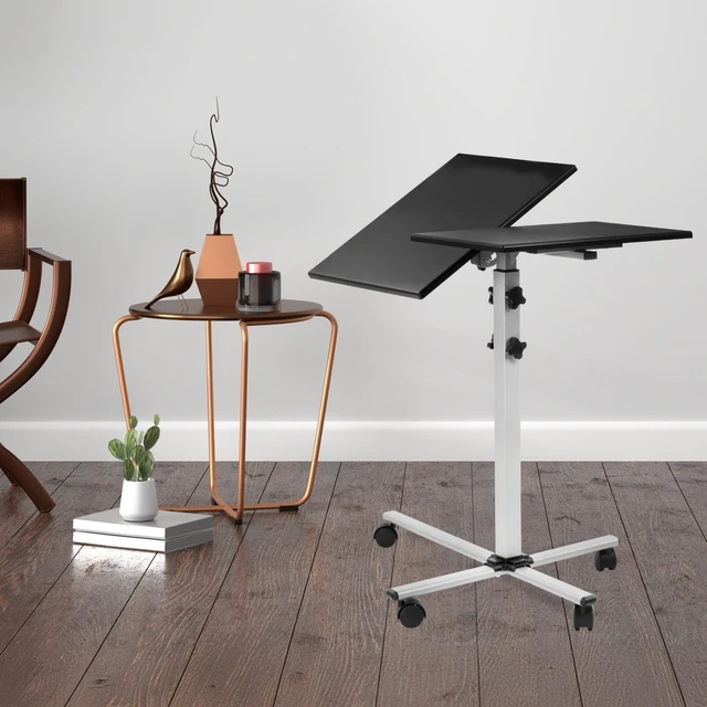 Alt view image 4 of 7 - Projector Stand Mobile Projector Cart with Laptop Shelf on Wheels, Heavy Duty Two Shelves Height Adjustable Laptop and Projector Presentation Trolley in Black