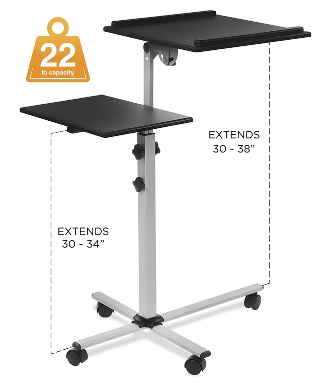 Alt view image 7 of 7 - Projector Stand Mobile Projector Cart with Laptop Shelf on Wheels, Heavy Duty Two Shelves Height Adjustable Laptop and Projector Presentation Trolley in Black