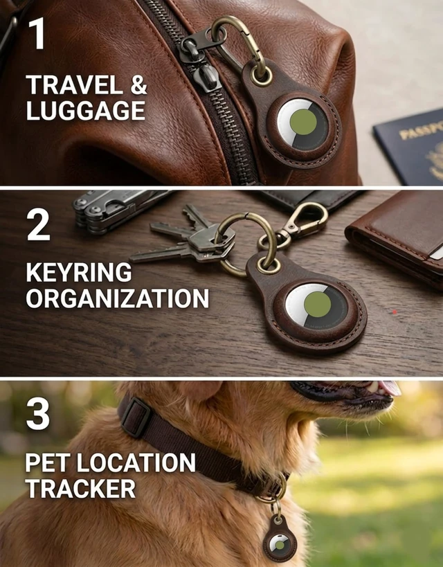 Alt view image 6 of 6 - Genuine Leather Keychain Holder for Apple AirTag, 2 Pack Compatible with AirTag 1st & 2nd Gen; two leather holders attach to keys, bags, luggage or pet collars. AirTag not included