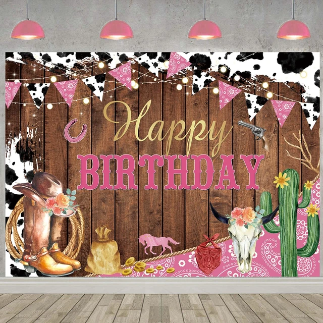 Alt view image 2 of 7 - Cowgirl Backdrop for Birthday Party Western Cowgirl Happy Birthday Banner 8x6ft Rustic West Rodeo Boot Cowgirl Birthday Photography Background Western Party Decorations Supplies Banner