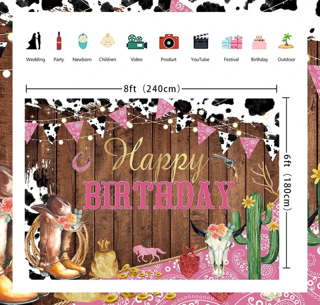 Alt view image 6 of 7 - Cowgirl Backdrop for Birthday Party Western Cowgirl Happy Birthday Banner 8x6ft Rustic West Rodeo Boot Cowgirl Birthday Photography Background Western Party Decorations Supplies Banner