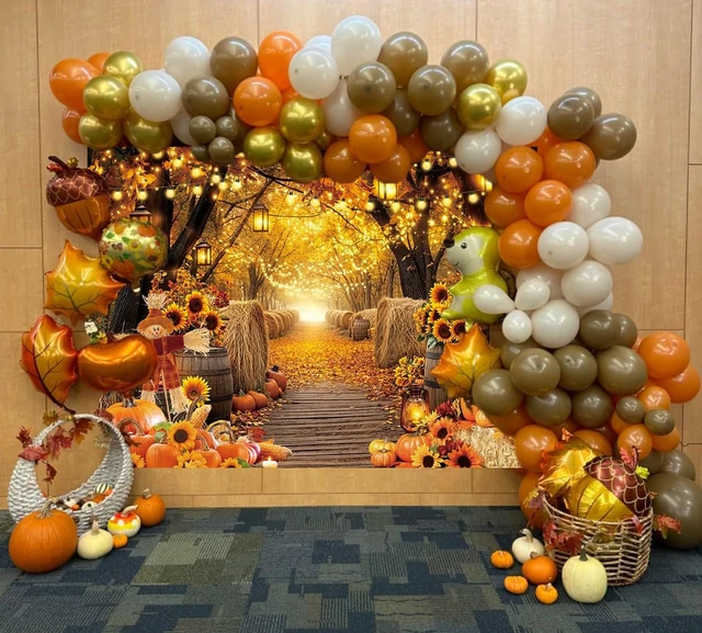 Alt view image 3 of 7 - Autumn Forest Scenery Backdrop Fall Farm Harvest Maple Leaves Pumpkins Sunflowers Photography Background Thanksgiving Friendsgiving Family Birthday Party Decorations Photo Booth Studio Props 8x6FT