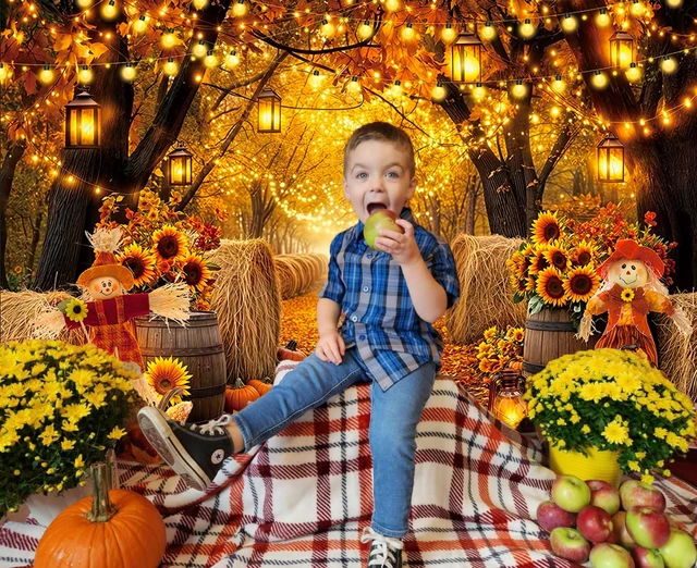 Alt view image 4 of 7 - Autumn Forest Scenery Backdrop Fall Farm Harvest Maple Leaves Pumpkins Sunflowers Photography Background Thanksgiving Friendsgiving Family Birthday Party Decorations Photo Booth Studio Props 8x6FT