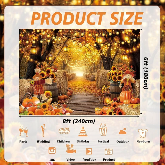 Alt view image 7 of 7 - Autumn Forest Scenery Backdrop Fall Farm Harvest Maple Leaves Pumpkins Sunflowers Photography Background Thanksgiving Friendsgiving Family Birthday Party Decorations Photo Booth Studio Props 8x6FT