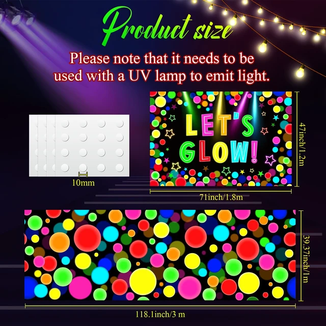 Alt view image 2 of 6 - 2 Pcs Glow in the Dark Party Backdrop Dance Floor Rug, Dot Neon Backdrop 3.9x5.9ft, 39x118in Light up Floor Mat, Photo Booth Background for Bar Disco Birthday 70s 80s Glow Party