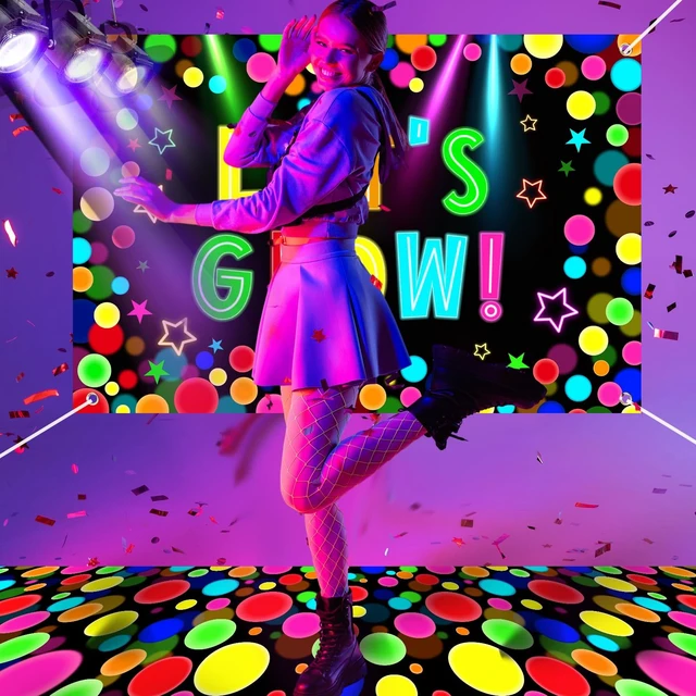 Alt view image 4 of 6 - 2 Pcs Glow in the Dark Party Backdrop Dance Floor Rug, Dot Neon Backdrop 3.9x5.9ft, 39x118in Light up Floor Mat, Photo Booth Background for Bar Disco Birthday 70s 80s Glow Party