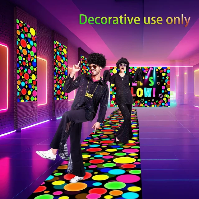 Alt view image 5 of 6 - 2 Pcs Glow in the Dark Party Backdrop Dance Floor Rug, Dot Neon Backdrop 3.9x5.9ft, 39x118in Light up Floor Mat, Photo Booth Background for Bar Disco Birthday 70s 80s Glow Party