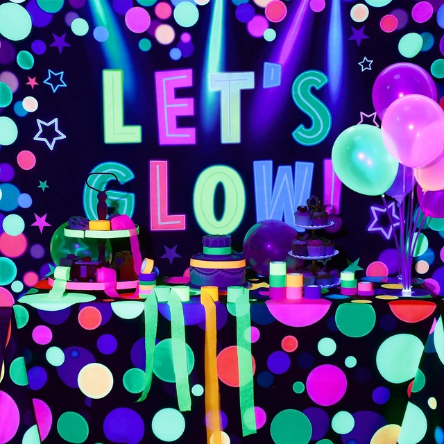 Alt view image 6 of 6 - 2 Pcs Glow in the Dark Party Backdrop Dance Floor Rug, Dot Neon Backdrop 3.9x5.9ft, 39x118in Light up Floor Mat, Photo Booth Background for Bar Disco Birthday 70s 80s Glow Party