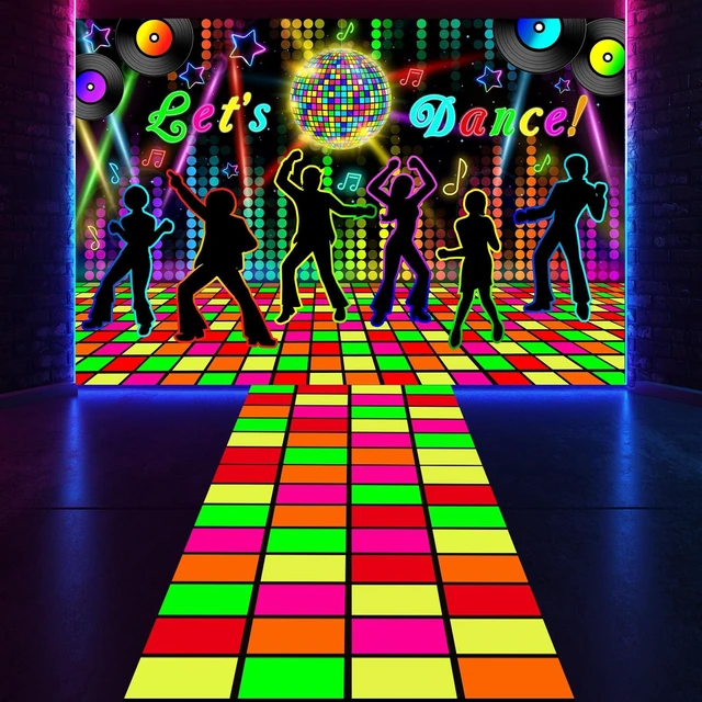 Main image of 2 Pcs Glow in the Dark Party Backdrop Dance Floor Rug, Dance Neon Backdrop 3.9x5.9ft, 39x118in Light up Floor Mat, Photo Booth Background for Bar Disco Birthday 70s 80s Glow Party