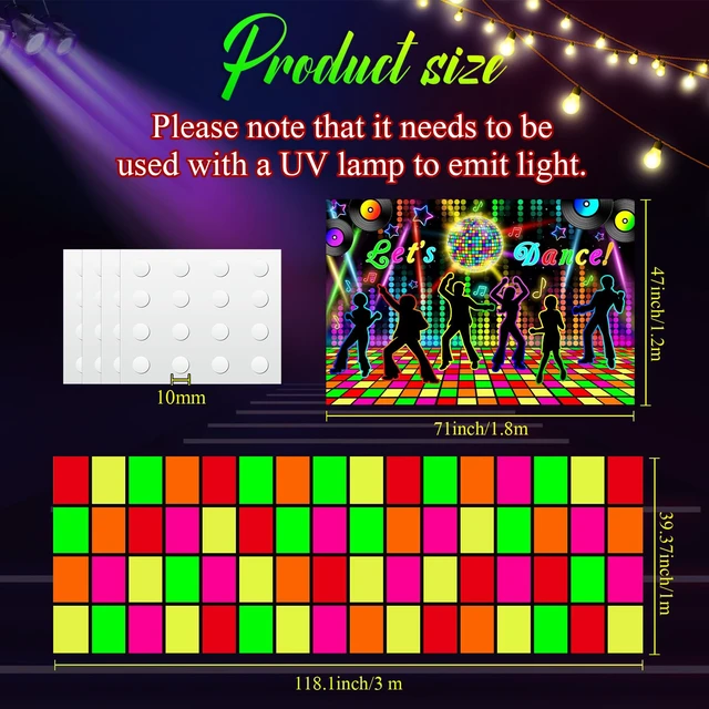 Alt view image 2 of 6 - 2 Pcs Glow in the Dark Party Backdrop Dance Floor Rug, Dance Neon Backdrop 3.9x5.9ft, 39x118in Light up Floor Mat, Photo Booth Background for Bar Disco Birthday 70s 80s Glow Party