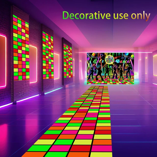 Alt view image 5 of 6 - 2 Pcs Glow in the Dark Party Backdrop Dance Floor Rug, Dance Neon Backdrop 3.9x5.9ft, 39x118in Light up Floor Mat, Photo Booth Background for Bar Disco Birthday 70s 80s Glow Party