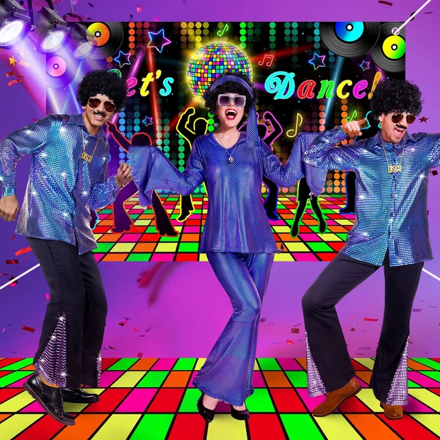 Alt view image 4 of 6 - 2 Pcs Glow in the Dark Party Backdrop Dance Floor Rug, Dance Neon Backdrop 3.9x5.9ft, 39x118in Light up Floor Mat, Photo Booth Background for Bar Disco Birthday 70s 80s Glow Party