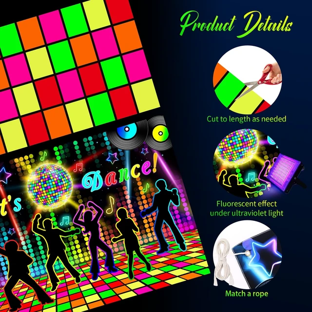 Alt view image 3 of 6 - 2 Pcs Glow in the Dark Party Backdrop Dance Floor Rug, Dance Neon Backdrop 3.9x5.9ft, 39x118in Light up Floor Mat, Photo Booth Background for Bar Disco Birthday 70s 80s Glow Party