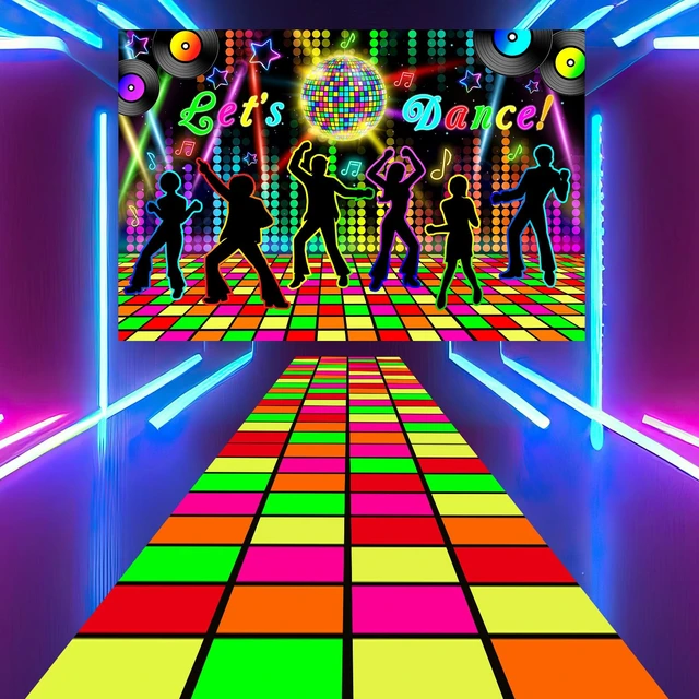 Alt view image 6 of 6 - 2 Pcs Glow in the Dark Party Backdrop Dance Floor Rug, Dance Neon Backdrop 3.9x5.9ft, 39x118in Light up Floor Mat, Photo Booth Background for Bar Disco Birthday 70s 80s Glow Party