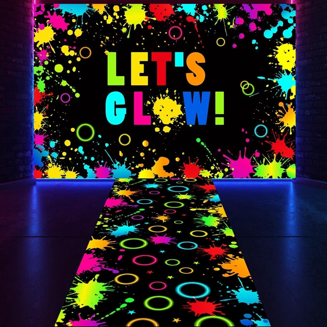 Main image of 2 Pcs Glow in the Dark Party Backdrop Dance Floor Rug, Splatter Neon Backdrop 3.9x5.9ft, 39x118in Light up Floor Mat, Photo Booth Background for Bar Disco Birthday 70s 80s Glow Party