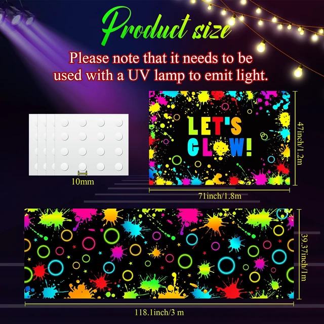 Alt view image 2 of 6 - 2 Pcs Glow in the Dark Party Backdrop Dance Floor Rug, Splatter Neon Backdrop 3.9x5.9ft, 39x118in Light up Floor Mat, Photo Booth Background for Bar Disco Birthday 70s 80s Glow Party