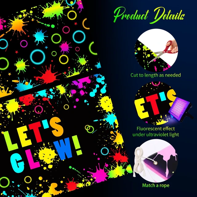 Alt view image 3 of 6 - 2 Pcs Glow in the Dark Party Backdrop Dance Floor Rug, Splatter Neon Backdrop 3.9x5.9ft, 39x118in Light up Floor Mat, Photo Booth Background for Bar Disco Birthday 70s 80s Glow Party