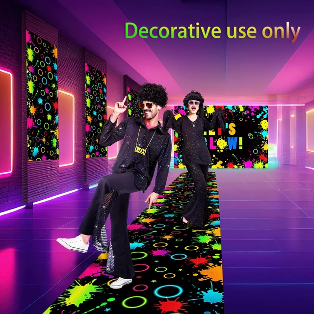Alt view image 4 of 6 - 2 Pcs Glow in the Dark Party Backdrop Dance Floor Rug, Splatter Neon Backdrop 3.9x5.9ft, 39x118in Light up Floor Mat, Photo Booth Background for Bar Disco Birthday 70s 80s Glow Party