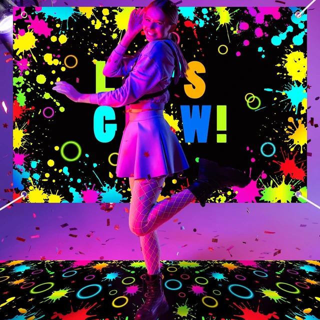 Alt view image 5 of 6 - 2 Pcs Glow in the Dark Party Backdrop Dance Floor Rug, Splatter Neon Backdrop 3.9x5.9ft, 39x118in Light up Floor Mat, Photo Booth Background for Bar Disco Birthday 70s 80s Glow Party