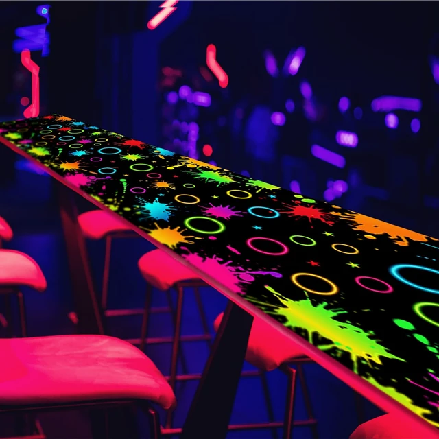 Alt view image 6 of 6 - 2 Pcs Glow in the Dark Party Backdrop Dance Floor Rug, Splatter Neon Backdrop 3.9x5.9ft, 39x118in Light up Floor Mat, Photo Booth Background for Bar Disco Birthday 70s 80s Glow Party