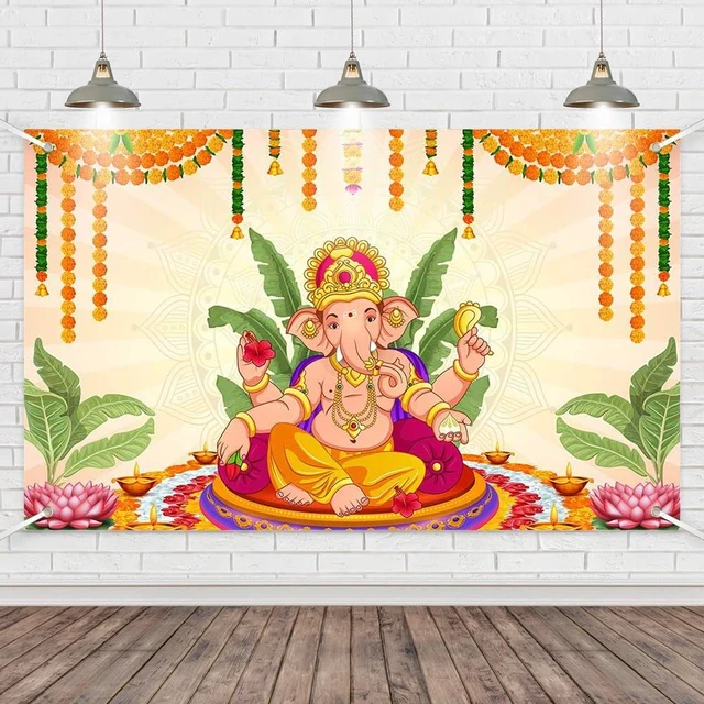 Main image of Pooja Ganpati Decoration Banner Indian Puja Cloth Items Backdrop Traditional Chatiya Ganesh Mehndi Photography Background Wedding Festival Party Marigold Garlands Photo Booth 70.8x43.3inch