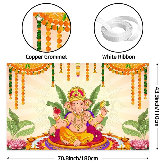 Alt view image 2 of 6 - Pooja Ganpati Decoration Banner Indian Puja Cloth Items Backdrop Traditional Chatiya Ganesh Mehndi Photography Background Wedding Festival Party Marigold Garlands Photo Booth 70.8x43.3inch