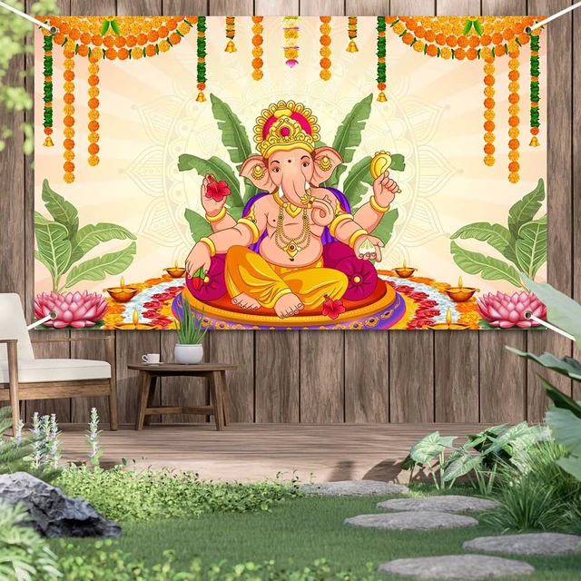 Alt view image 4 of 6 - Pooja Ganpati Decoration Banner Indian Puja Cloth Items Backdrop Traditional Chatiya Ganesh Mehndi Photography Background Wedding Festival Party Marigold Garlands Photo Booth 70.8x43.3inch
