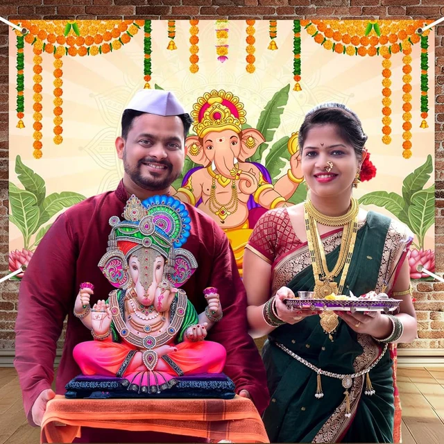 Alt view image 3 of 6 - Pooja Ganpati Decoration Banner Indian Puja Cloth Items Backdrop Traditional Chatiya Ganesh Mehndi Photography Background Wedding Festival Party Marigold Garlands Photo Booth 70.8x43.3inch