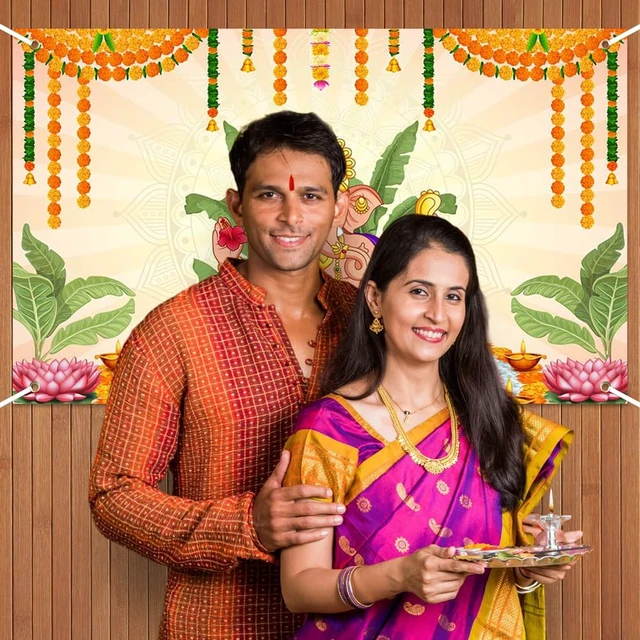 Alt view image 5 of 6 - Pooja Ganpati Decoration Banner Indian Puja Cloth Items Backdrop Traditional Chatiya Ganesh Mehndi Photography Background Wedding Festival Party Marigold Garlands Photo Booth 70.8x43.3inch
