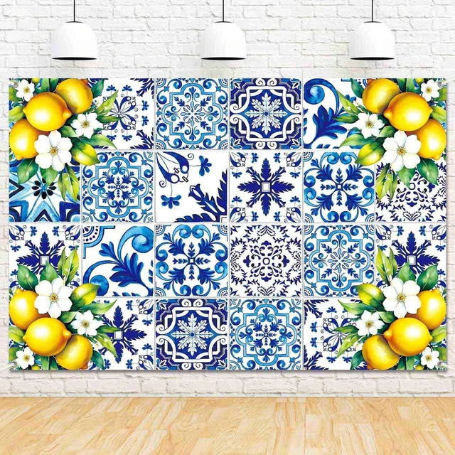 Main image of 7x5ft Blue White Lemon Backdrop Birthday Decorations Summer Italian Blue Tiles Lemon Themed Party Decor Props for Bridal Shower Baby Shower Photography Background