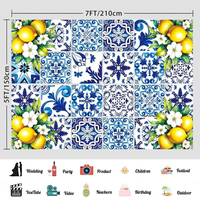 Alt view image 3 of 7 - 7x5ft Blue White Lemon Backdrop Birthday Decorations Summer Italian Blue Tiles Lemon Themed Party Decor Props for Bridal Shower Baby Shower Photography Background
