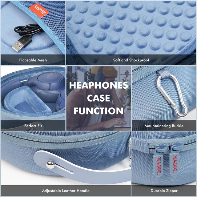 Alt view image 4 of 7 - EVA Hard Shell Case for JBL TUN 670NC/520BT/770NC/720BT and JBL Live 670NC/770NC and Anker Soundcore Life Q20i Wireless Headphones, Premium Travel Protective Headphone Storage Bag - Blue