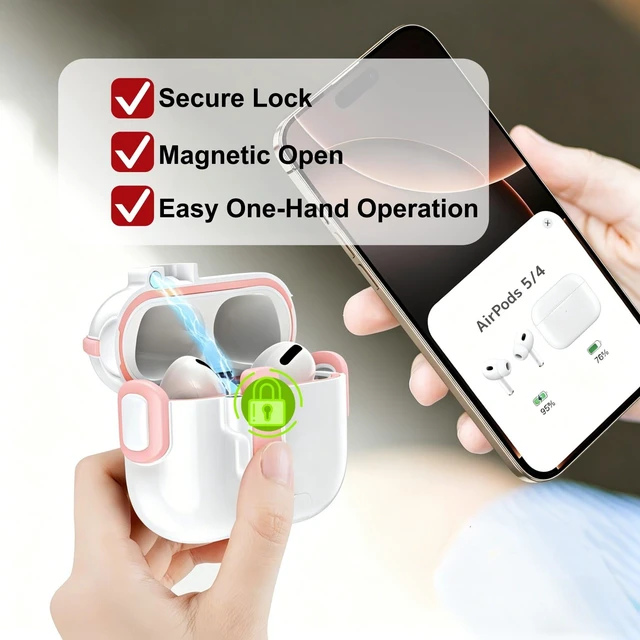 Alt view image 4 of 7 - for AirPods 5/4 Case (2026/2024), with Lock & Phone Stand & Cute Automatic Snap Switch Secure Cover with Cleaner Kit & Carabiner Keychain & Braided Lanyard (Pink, Airpods 5/4)