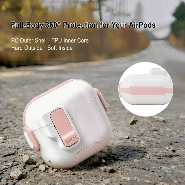 Alt view image 6 of 7 - for AirPods 5/4 Case (2026/2024), with Lock & Phone Stand & Cute Automatic Snap Switch Secure Cover with Cleaner Kit & Carabiner Keychain & Braided Lanyard (Pink, Airpods 5/4)