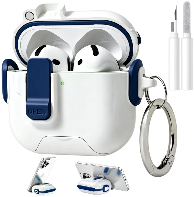 Main image of for AirPods 5/4 Case (2026/2024), with Lock & Phone Stand & Cute Automatic Snap Switch Secure Cover with Cleaner Kit & Carabiner Keychain & Braided Lanyard (Blue, Airpods 5/4)