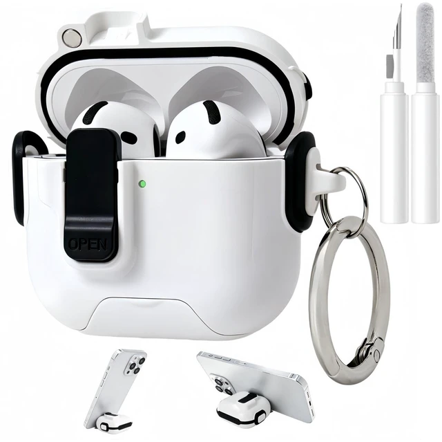 Main image of for AirPods 5/4 Case (2026/2024), with Lock & Phone Stand & Cute Automatic Snap Switch Secure Cover with Cleaner Kit & Carabiner Keychain & Braided Lanyard (Black, Airpods 5/4)