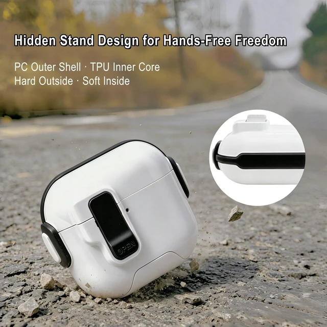 Alt view image 6 of 7 - for AirPods 5/4 Case (2026/2024), with Lock & Phone Stand & Cute Automatic Snap Switch Secure Cover with Cleaner Kit & Carabiner Keychain & Braided Lanyard (Black, Airpods 5/4)