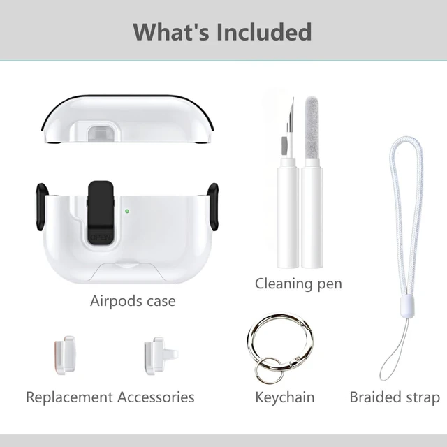 Alt view image 7 of 7 - for AirPods 5/4 Case (2026/2024), with Lock & Phone Stand & Cute Automatic Snap Switch Secure Cover with Cleaner Kit & Carabiner Keychain & Braided Lanyard (Black, Airpods 5/4)