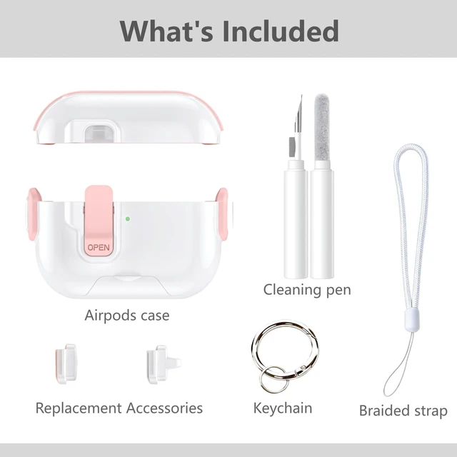 Alt view image 7 of 7 - for AirPods 5/4 Case (2026/2024), with Lock & Phone Stand & Cute Automatic Snap Switch Secure Cover with Cleaner Kit & Carabiner Keychain & Braided Lanyard (Pink, Airpods 5/4)