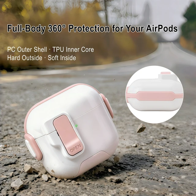 Alt view image 6 of 7 - for AirPods Pro 3 Case (2025),with Lock & Phone Stand & Cute Automatic Snap Switch Secure Cover with Cleaner Kit & Carabiner Keychain & Braided Lanyard (Pink, Airpods Pro 3)