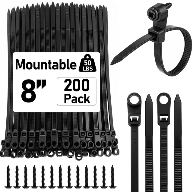 Main image of 200 Pcs 8 Inch Mountable Black Zip Ties with Screw Hole 50lbs Mountable Head Cable Ties, 200 Secure Screw, Heavy Duty Nylon Straps, for Electrical HVAC Workshop, Indoor Outdoor