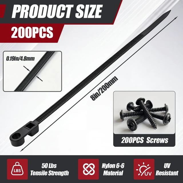 Alt view image 2 of 6 - 200 Pcs 8 Inch Mountable Black Zip Ties with Screw Hole 50lbs Mountable Head Cable Ties, 200 Secure Screw, Heavy Duty Nylon Straps, for Electrical HVAC Workshop, Indoor Outdoor